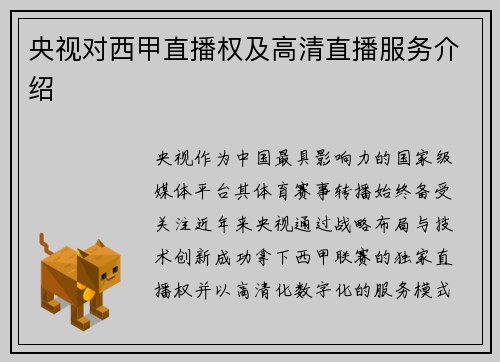 央视对西甲直播权及高清直播服务介绍