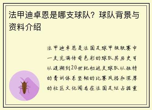 法甲迪卓恩是哪支球队？球队背景与资料介绍